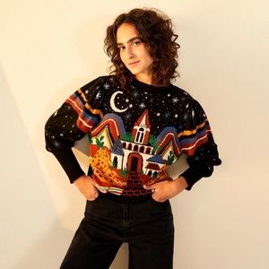 Farm Rio Midnight Cheetah pullover crew neck sweater small